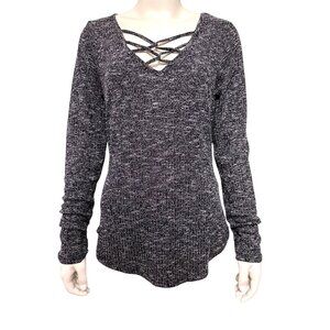 Almost Famous Black White Knit Strappy Front V Neck Thin Sweater Size Large